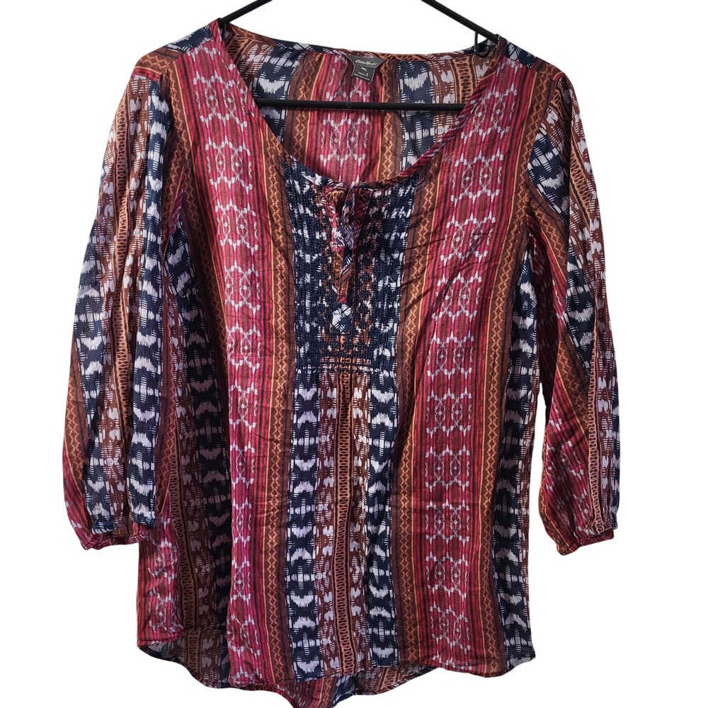 Eddie Bauer Womens Bohemian Print Lace Up Sheer Tunic Top Size Small 100% Cotton
